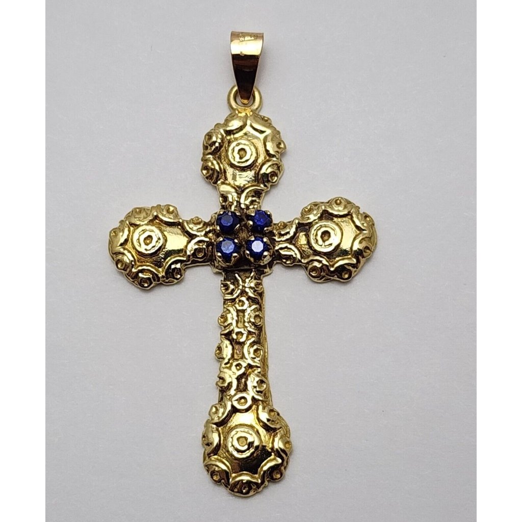 Unique 18k Solid Yellow Gold Designer Religious Sapphire Cross Charm Pendant